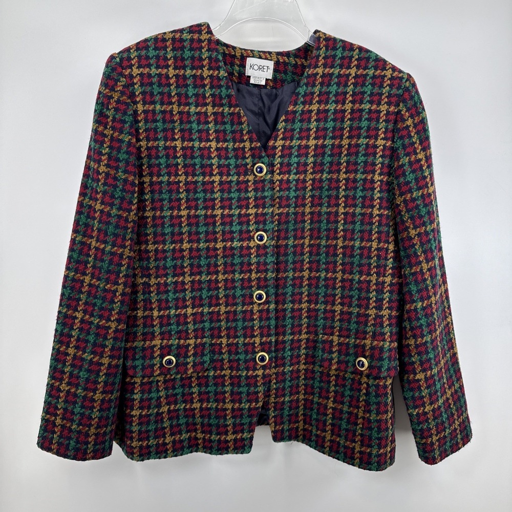 VINTAGE‎ KORET WOMENS WOOL + HOUNDSTOOTH BLUE,GREEN,TAN PLAID BLAZER JACKET  14
